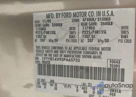 2003 Ford Ranger Edge/Tremor/Xl/Xlt from USA, damaged, VIN 1FTYR14V93PA65753